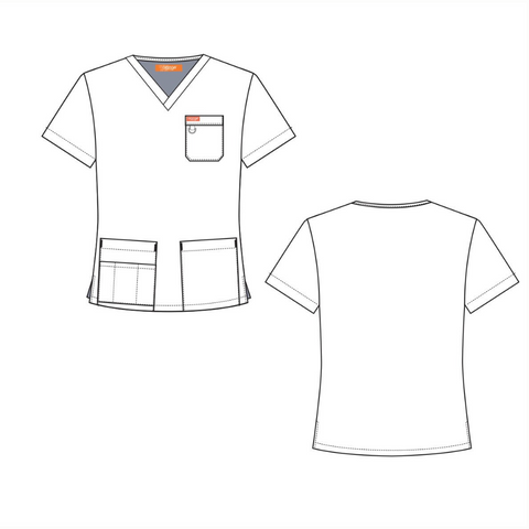 Graphic image showing the front and back design of the orange standard royal blue scrub top, with id loop and pockets.