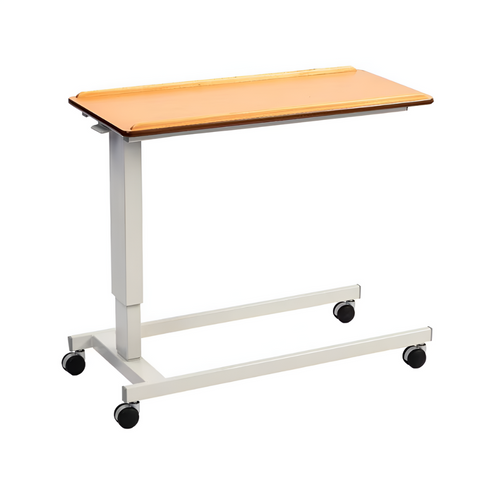 Overbed table with laminated beech MDF top and powder-coated steel frame on twin-wheel castors.