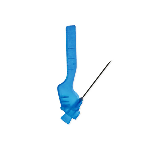 Blue 23g hypodermic safety needle in 1 inch comes in a box of 100.