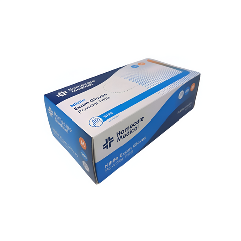 Box of disposable Nitrile Powder-Free Gloves, available in sizes Small, Medium, Large, and X-Large. Non-sterile, latex-free, and powder-free, providing protection and comfort for various uses. 200 gloves per box.