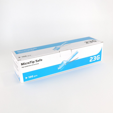 A close-up of the blue hypodermic safety needle, demonstrating the color-coded PP cover and the Luer slip and Luer lock compatibility.