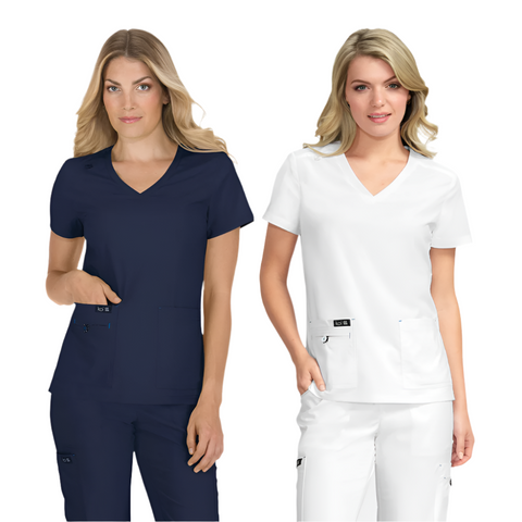 The koi basics srcub top in becca is available in navy and white.
