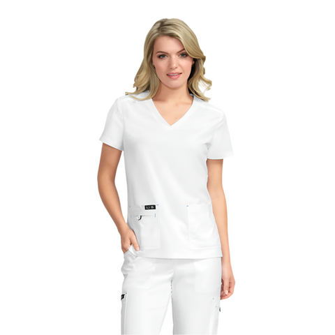The koi basics scrub top becca in white available with a hidden phone pocket and 4 pockets.