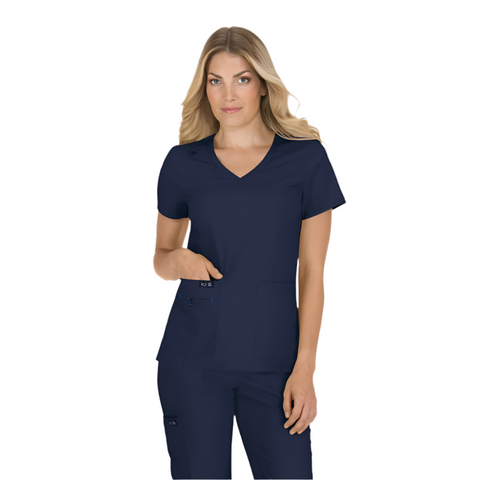 Becca scrub top in navy, modern yet stylish and feminine nurse workwear top.