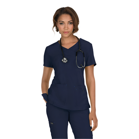  The Koi Basic’s Katie top features a feminine mock wrap v-neck, and 4 front pockets, including a hidden phone pocket!