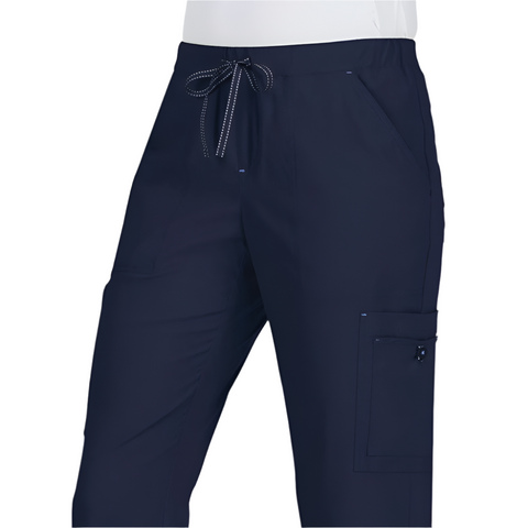 close up of koi holly scrub trousers with 6 pockets perfect for daily work wear.