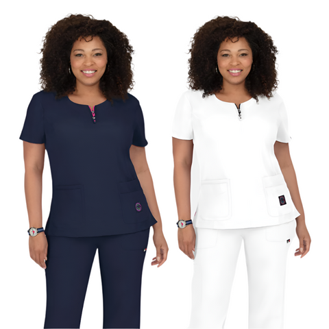 Koi Lite Serenity Scrub Top showing navy and white.