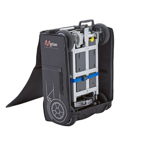 Side profile of travel bag for mlite scooter, with the zip fully opened, shows that the scooter can easily fit inside once folded down for convenience 