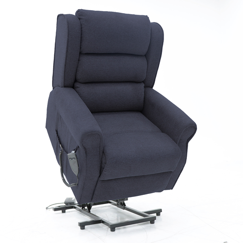 The Madison Two orthopaedic rise recliner in deep blue, fully reclined for maximum relaxation, offering a smooth and quiet electric motion for effortless comfort.