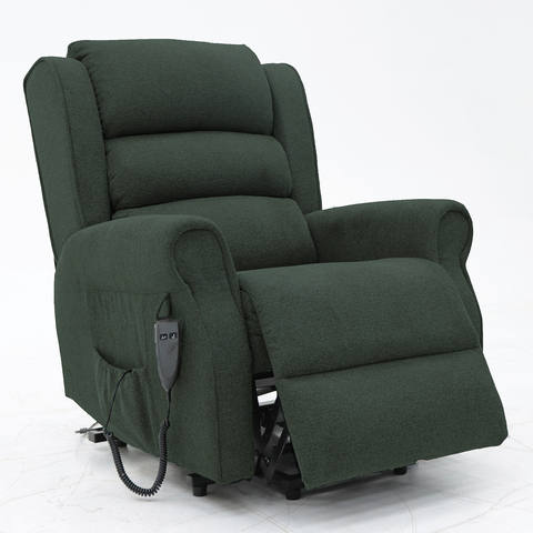 The Madison Two orthopaedic rise recliner in winter moss, offering luxurious comfort with its pocket-sprung seat cushion and a reclined position for ultimate relaxation