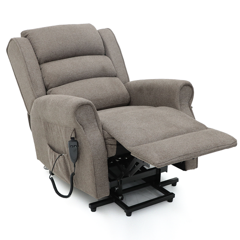 View of the Madison Two orthopaedic rise recliner in the relaxed position, with the backrest slightly reclined and the leg rest raised for a comfortable and supportive lounging experience.