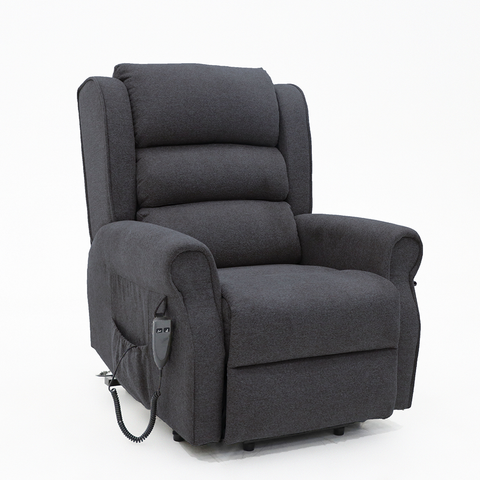 The Madison Two orthopaedic rise recliner in anthracite, with the leg raise and recline features activated, providing an ergonomic and comfortable position for ultimate relaxation.