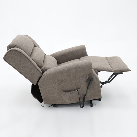 The Madison Two orthopaedic rise recliner in brown, reclining smoothly into a comfortable lounging position, designed to relieve pressure and provide comfort.