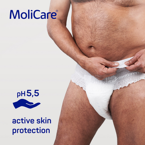 A man wearing MoliCare Premium Mobile 8 Drops incontinence pants, showing the secure and discreet fit for optimal comfort and confidence.