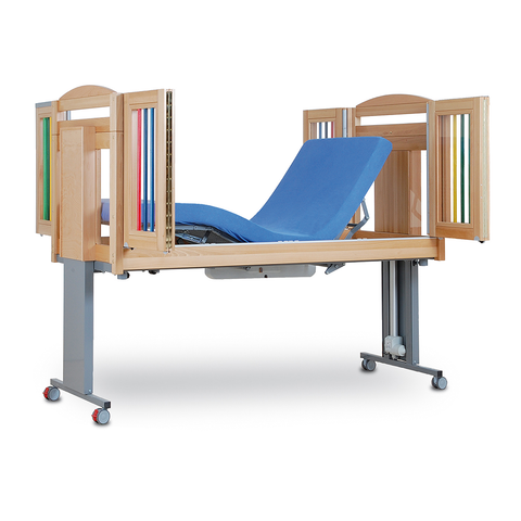 The cot with an elevated head and foot section, showcasing its full-length profiling capabilities for postural support.