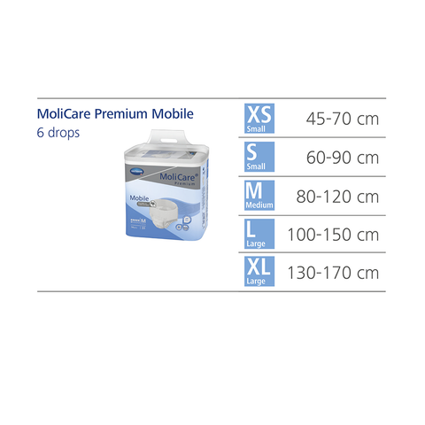 Size guide image showing the available sizes for MoliCare Premium Mobile 6-Drop Incontinence Pants, from Extra Small (XS) to Extra Large (XL).