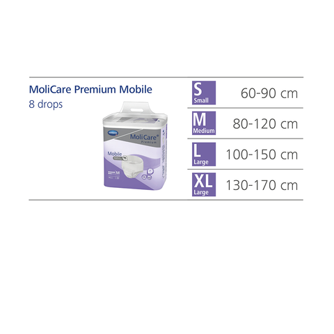 Size guide for MoliCare Premium Mobile 8 Drops, showing waist measurements for Small (24-35 inches), Medium (31-47 inches), Large (39-59 inches), and Extra Large (51-67 inches).