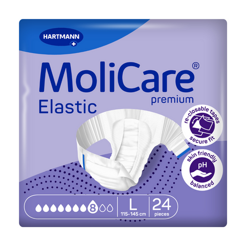 Molicare elastic premium slip available in the size large, is an all in one product suitable for heavy urine and faecal incontinence, it is easy to put on and suitable for everyday use as it is gentle on the skin.