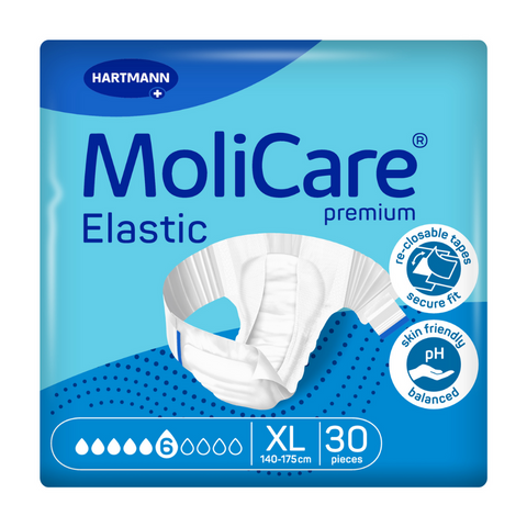 A shot of the MoliCare Premium Elastic 6 Drop packaging, showcasing the sleek and professional design. The packaging should display key product details, such as the absorbency level, user-friendly application system, and suitability for both men and women. The image should highlight the convenience of the packaging, with a clear view of the product size and branding.