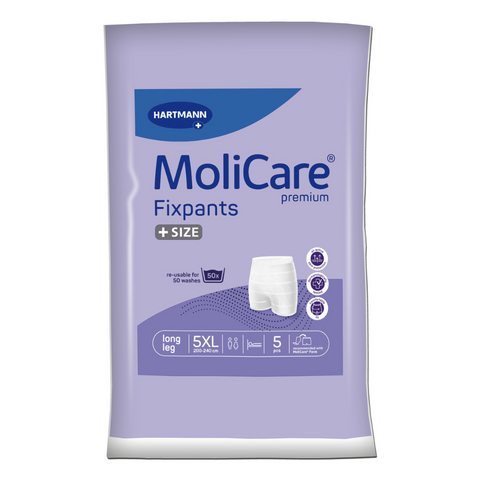 The molicare premium fixpants are available in the Bariatric size 5xl. These are designed to be worn with your regular incontinence pads and offer an extra layer of security discreetly under your clothing.