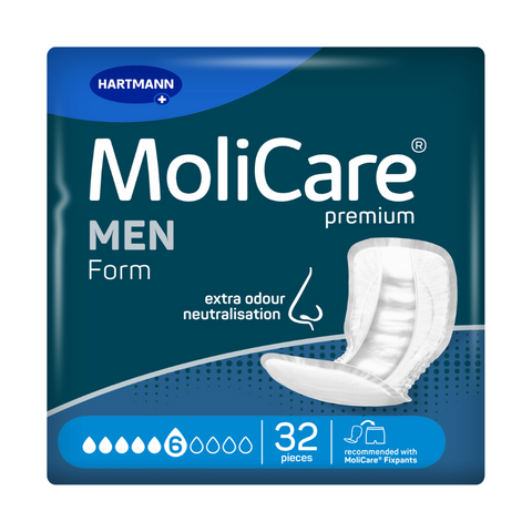 Image of the packaging of Molicare premium form for men. This product is specifically designed for men, the shape of the product focuses on absorption in the areas where men need it most. It is 6 drop strength which is suitable for moderate urine and faecal incontinence.