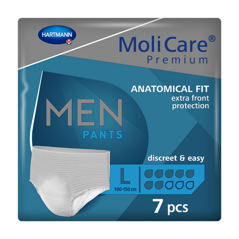 MoliCare Premium Pad 7 Drops providing fast absorption, odour control, and a secure fit for men managing moderate incontinence, with a breathable and skin-friendly design.