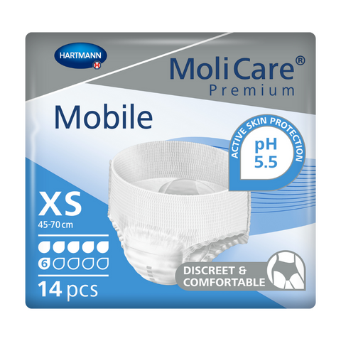 Image of Moli Care Premium Mobile 6-Drop Incontinence Pants size extra Small. The product is designed for moderate incontinence, offering discreet protection and comfort.