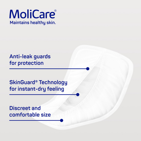 Molicare premium pads offer anti leak guards for protection and skin guard technology for a comfortable dry feeling.