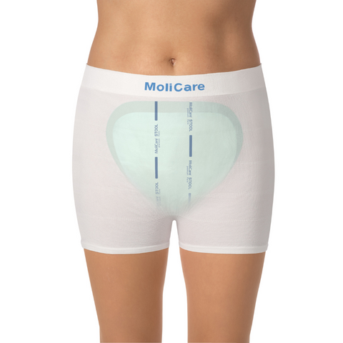 Close-up of MoliCare Premium Form Stool pad showcasing its large, absorbent core and wide back design for enhanced leakage protection.