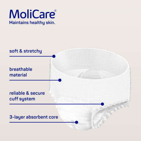 Close-up of MoliCare Premium Mobile 8 Drops incontinence pants, showing the three-layer absorbent core, water-repellent cuffs, and tear-open side seams for easy removal.