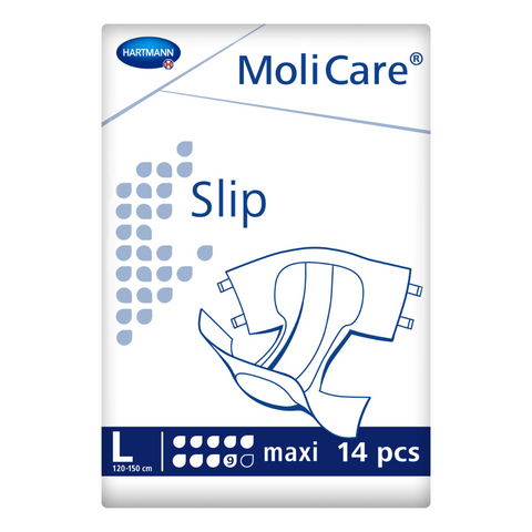 Image of the packaging for the molicare slip large maxi n  drops. This offers the highest level of absorption and protection against incontinence. It is suitable for people with hip and waist measurements of 120-150cm. 