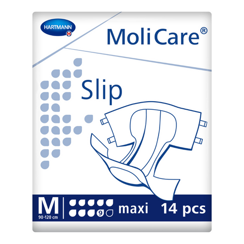 The molicare slip in maxi 9 drops offers the highest level of protection against urinary and faecal incontinence. The medim size fits those with a waist and hip measurement of 90-120cm.