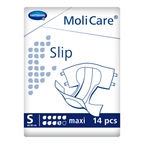 Image of the packaging for the small size molicare slip in maxi 9 drop. The small size fits those with a waist and hip measurement of 60-90cm. It is also suitable for faecal incontinence.