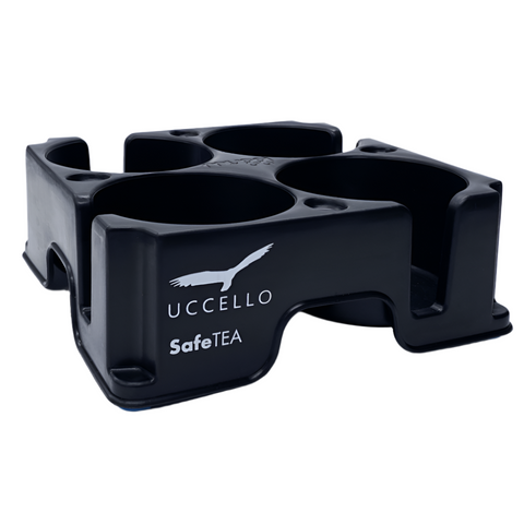 A clear image of the Muggi Cup Holder without any cups or items inside, highlighting its ergonomic design and the four individual cup wells.