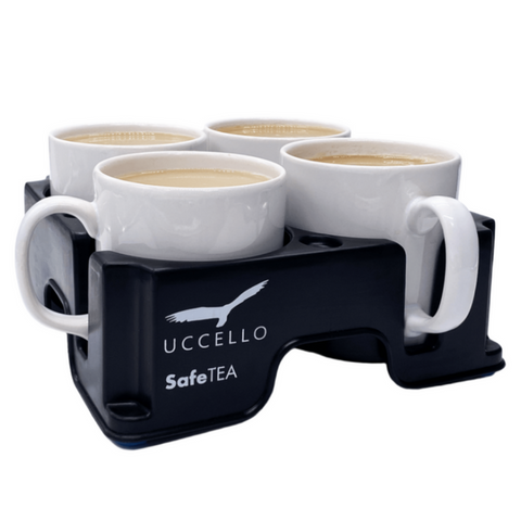 The Muggi Cup Holder filled with four cups of tea, showing how it securely holds drinks and prevents spills, ideal for carrying multiple cups at once.