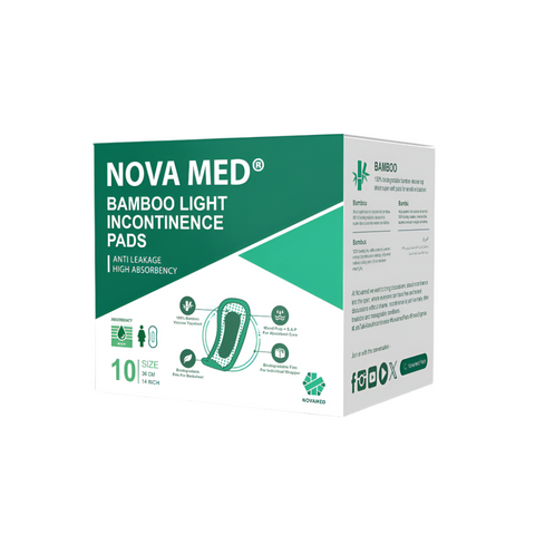 A box of Novamed Bamboo Light Incontinence Pads, neatly designed with eco-friendly branding. The packaging highlights key features such as bamboo material, high absorbency, and biodegradable components.