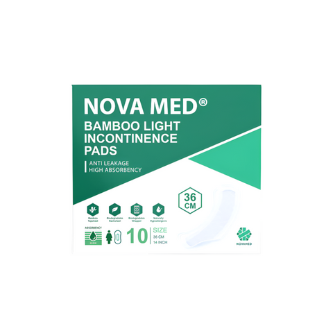 A close-up image of a Novamed Bamboo Light Incontinence Pad, showcasing its ultra-thin design, soft bamboo top sheet, and discreet shape for comfort and flexibility.