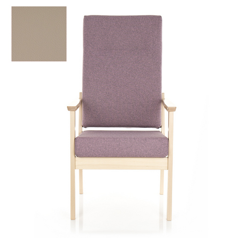 NURSEN ALTA A high-back chair with a solid beech wood frame and Valencia C5 Sissal Vinyl upholstery, designed for durability and hygiene in healthcare settings