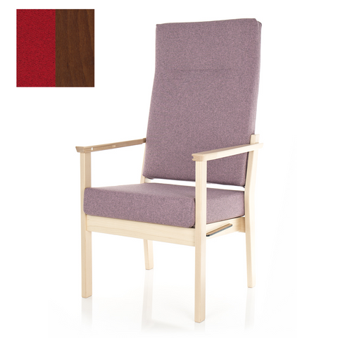 NURSEN ALTA A high-back chair with a solid walnut-finished beech wood frame and Chili Red fabric upholstery, designed for healthcare settings.
