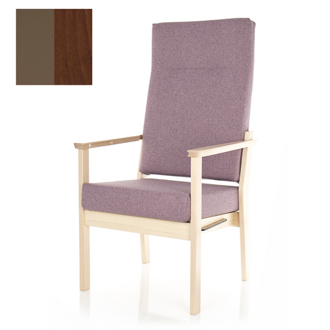 NURSEN ALTA A high-back chair with a solid beech wood frame and Valencia C5 Taupe Vinyl upholstery, designed for durability and hygiene in healthcare settings.