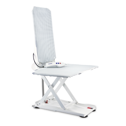 Aquatec Orca bath lifter placed in a bathtub, showcasing the reclining backrest and floating hand control.
