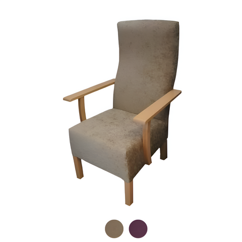 Orthopaedic casey chairs in Mink and Aubergine colours side by side for post-operative comfort and support.