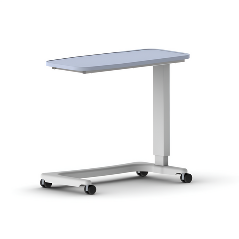 Height-adjustable overbed table with C-shaped steel base, MDF top, and twin-wheel castors for easy mobility in healthcare or home settings.