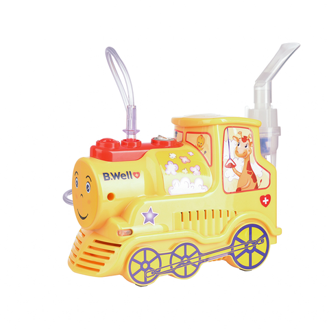 The PRO 1115 nebuliser is shaped like a playful train in yellow with the option to customise it with the choice from 12 colourful stickers.
