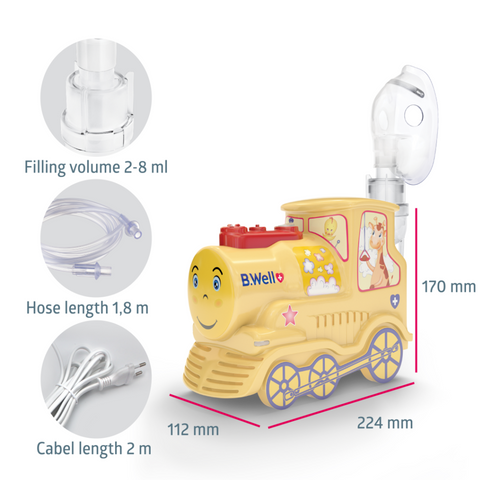 Image of the pro nebuliser with dimensions of the filling volume, hose length and the cabel length.