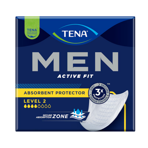 A pack of TENA Men Active Fit Absorbent Protector Level 2, containing 20 individually wrapped pads. The packaging highlights key features like Triple Protection, secure absorption, and discreet fit.