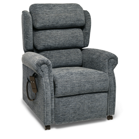 Slate upholstered recliner chair with a multi-motor orthopaedic system and the added benefit of full profile, zero-gravity positioning.