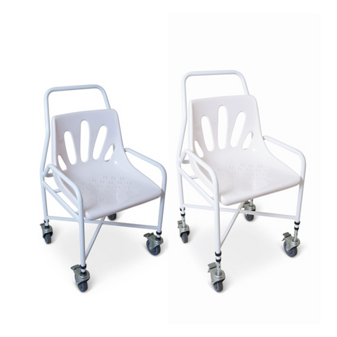 Two mobile shower chairs side by side, one with a fixed height and the other with adjustable height. Both feature swivel braked castors, integral handles, and a comfortable moulded plastic seat with optimal lumbar support.