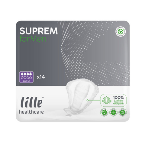 Lille SUPREM for Men anatomically shaped pad designed for light to moderate urinary loss, offering breathable, hypoallergenic protection with an anti-odour system and Aloe Vera for skin care.