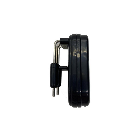 Side view of the liquid level indicator, with food standard safety stainless steel prongs, at two different levels that beep to let you know how much you have filled. The metal prongs are magnetic so this an easily be attached to your fridge for convenience.